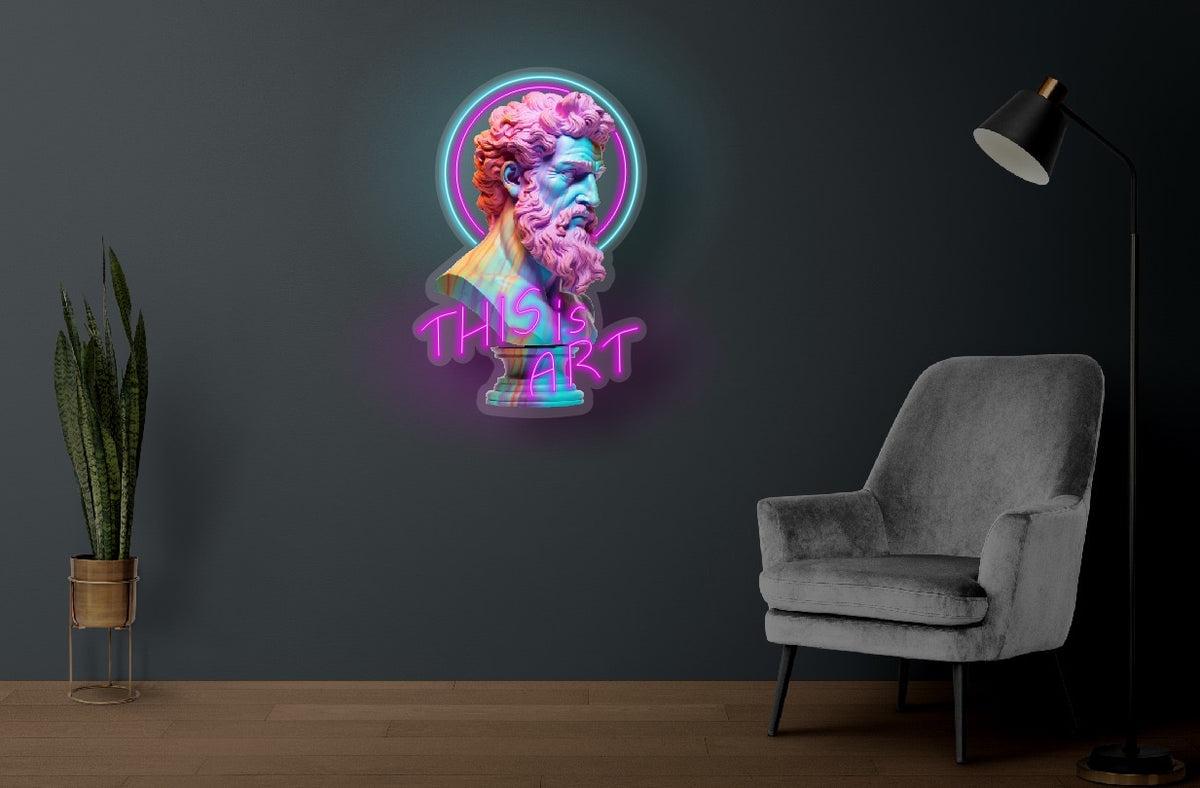 Büst figürlü neon sanat tablosu duvarda yanarken — Two Pixel Gallery
