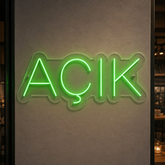 AÇIK yazılı yeşil neon LED vitrin tabelası, kafe ve mağazalar için