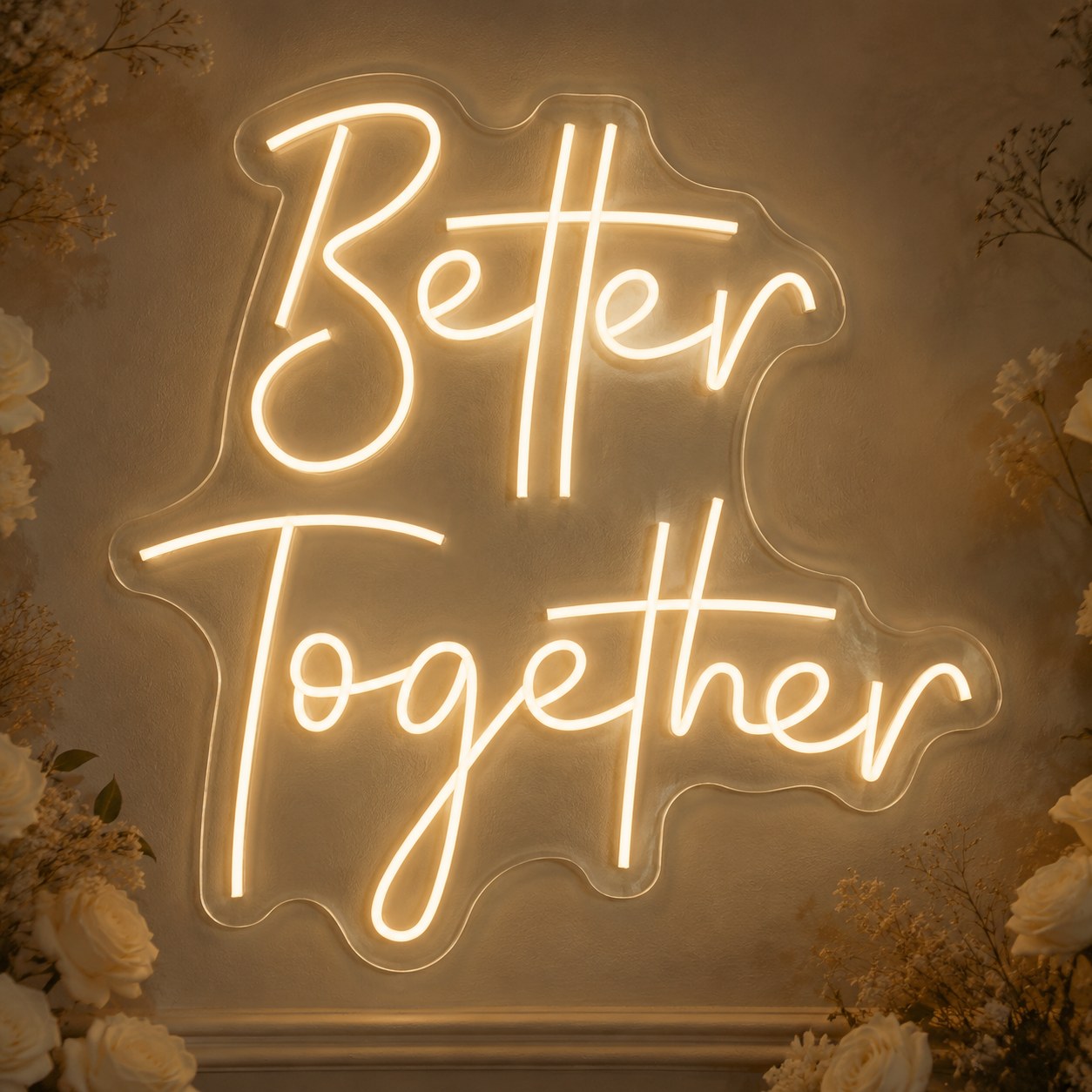 Better Together yazılı kare sıcak beyaz neon tabela, düğün arkalığında