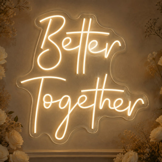 Better Together yazılı kare sıcak beyaz neon tabela, düğün arkalığında