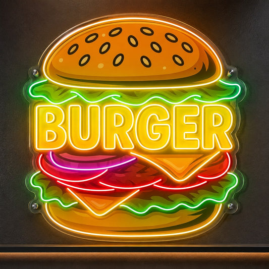Burger figürlü renkli baskılı neon LED tabela, fast food için 100x95 cm