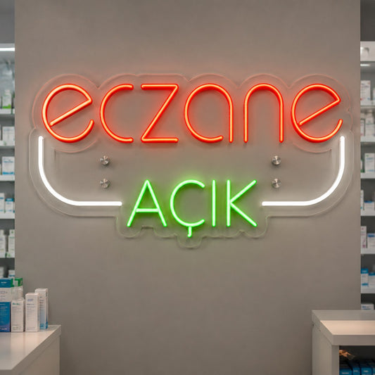 Eczane açık yazılı kırmızı ve yeşil neon LED tabela, eczane duvarında