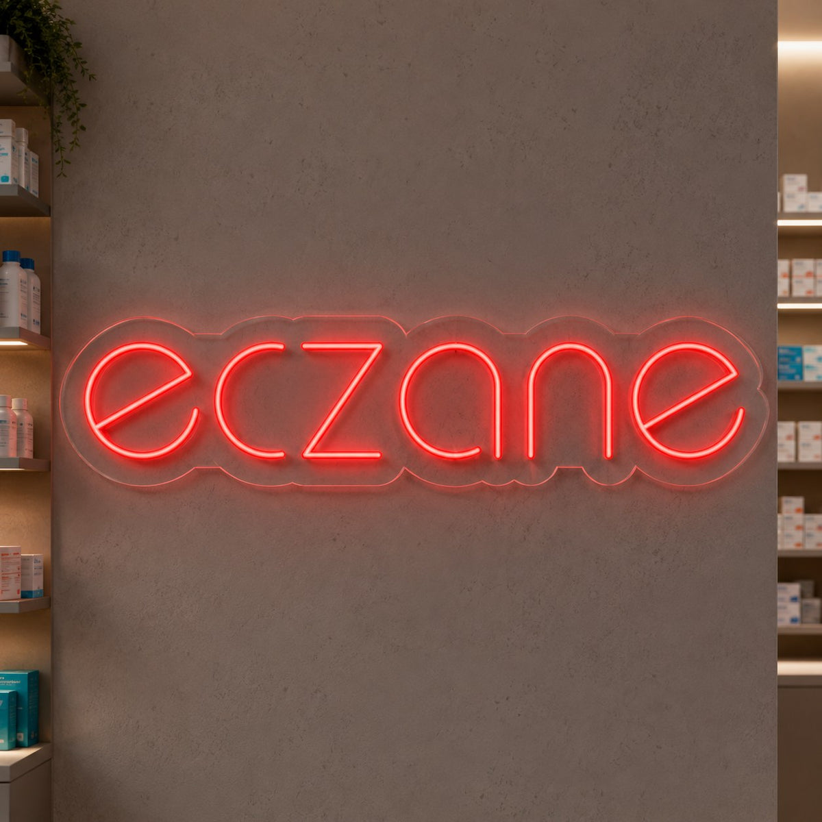 Kırmızı tek satır eczane yazılı neon LED tabela, eczane duvarında