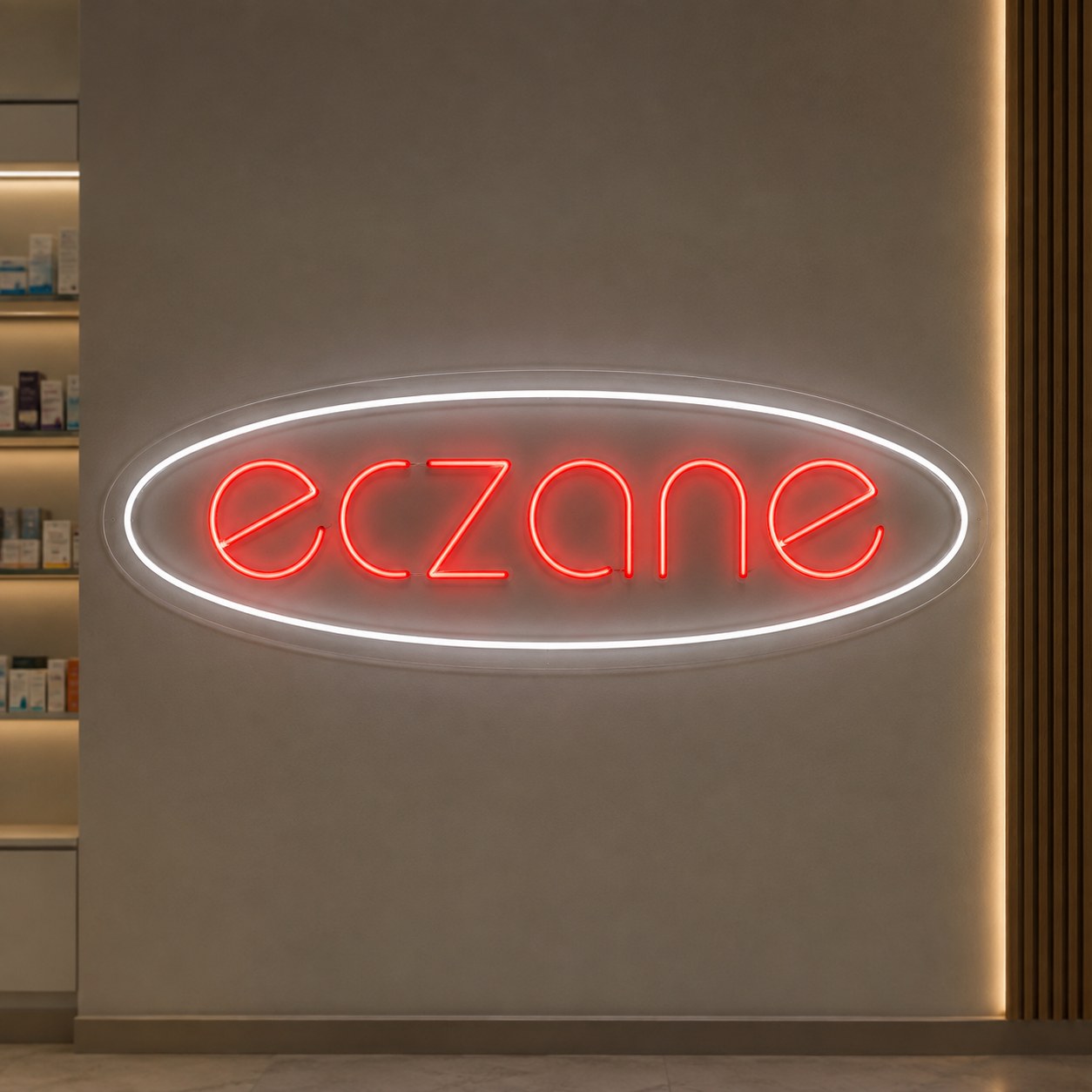 Oval beyaz çerçeveli kırmızı eczane neon LED tabela, eczane duvarında