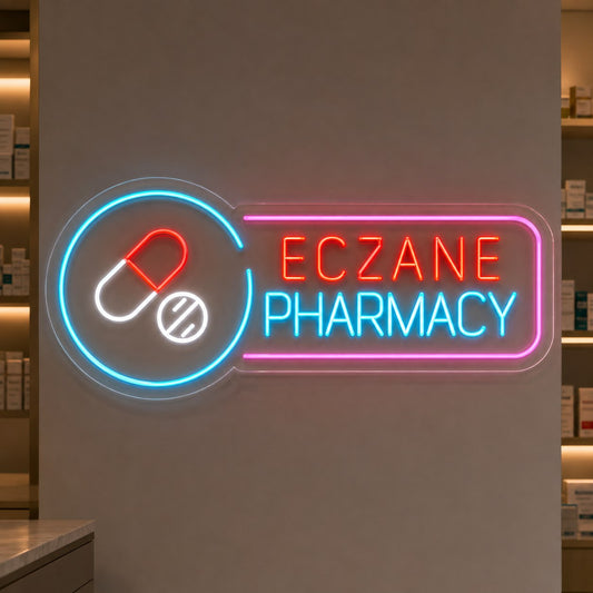 İlaç figürlü ECZANE PHARMACY yazılı renkli neon LED tabela, eczane duvarında