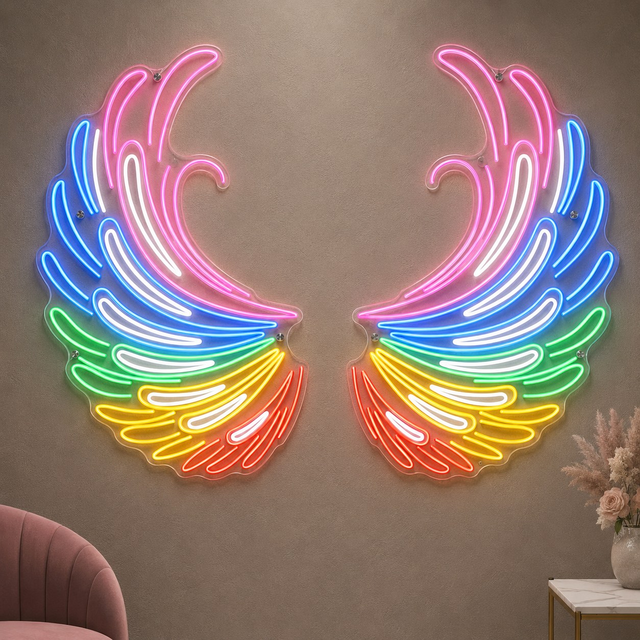 Gökkuşağı renkli melek kanadı neon tabela, çift kanat, duvarda