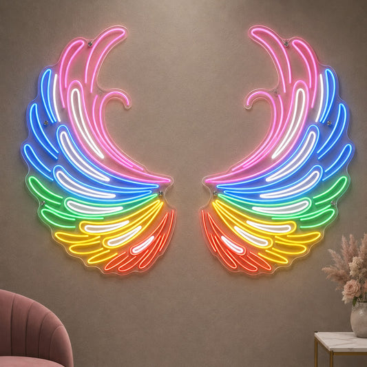 Gökkuşağı renkli melek kanadı neon tabela, çift kanat, duvarda