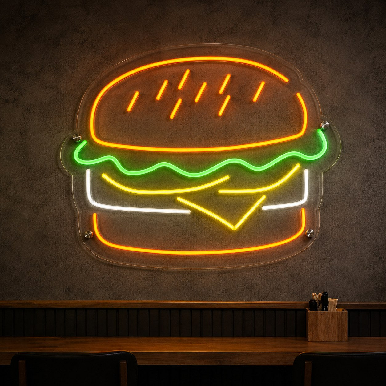 Hamburger figürlü neon LED tabela, şeffaf pleksi üzerine turuncu yeşil sarı ve beyaz neon, burger dükkânı duvarında