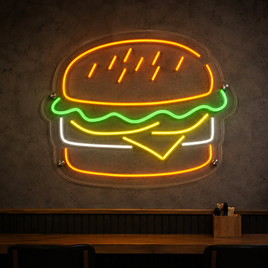 Hamburger figürlü neon LED tabela, şeffaf pleksi üzerine turuncu yeşil sarı ve beyaz neon, burger dükkânı duvarında