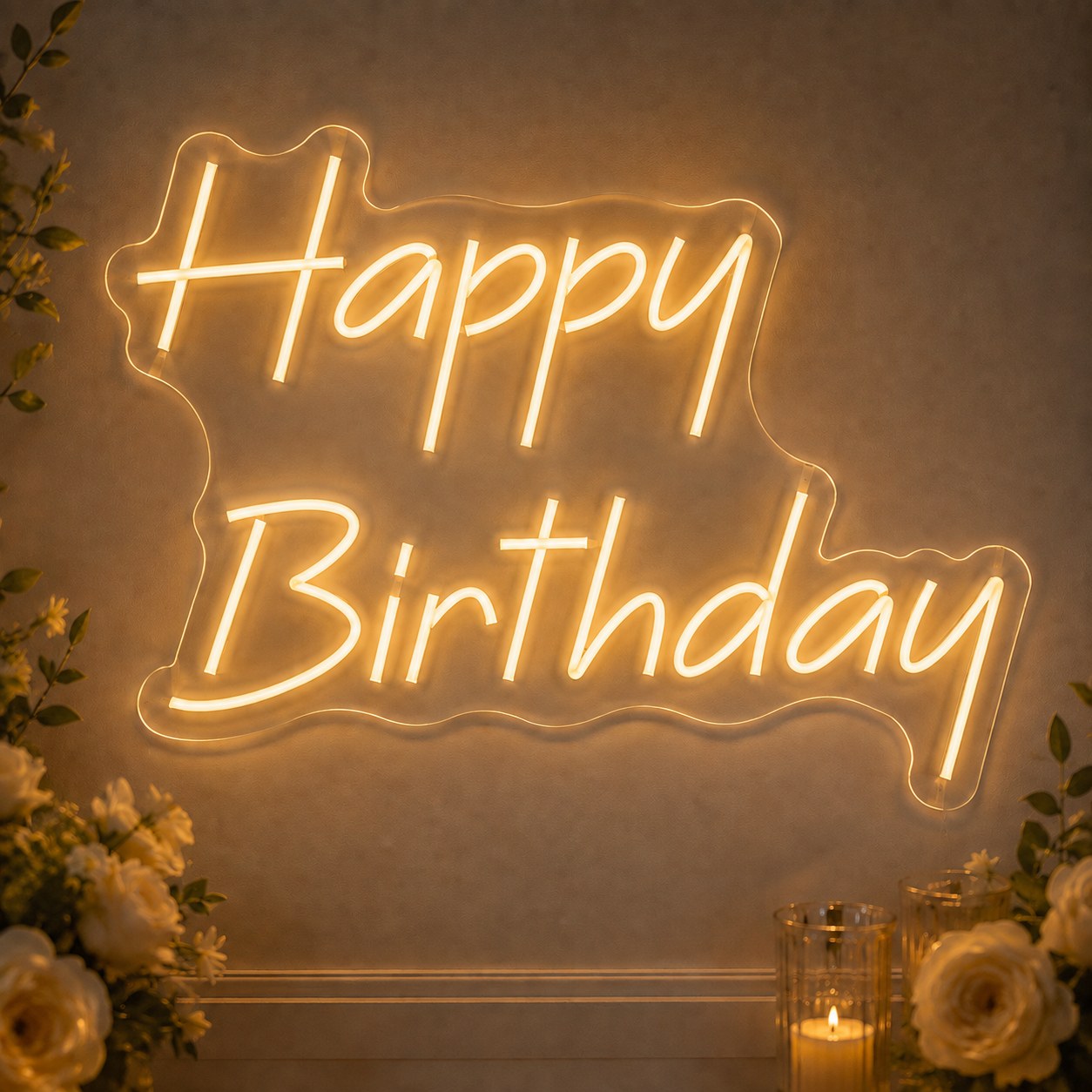 Happy Birthday yazılı sıcak beyaz neon LED tabela, doğum günü köşesinde