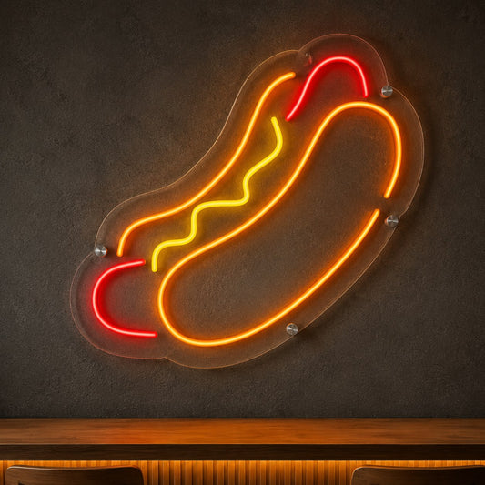 Hot dog figürlü neon LED tabela, şeffaf pleksi üzerine turuncu sarı ve kırmızı neon, büfe duvarında