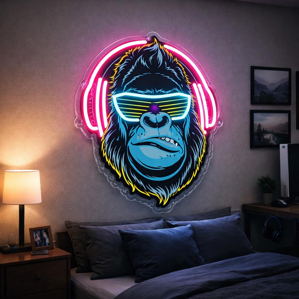 Cyber Gorilla Neon Sign | Gamer LED Wall Decor | Retro Futuristic Neon Light