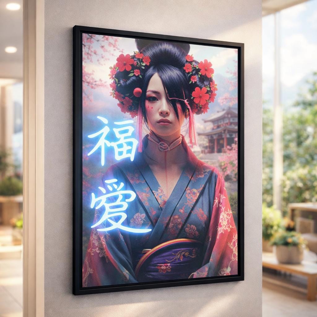 Japanese Geisha Neon Art Wall Decor | Premium LED Canvas Frame