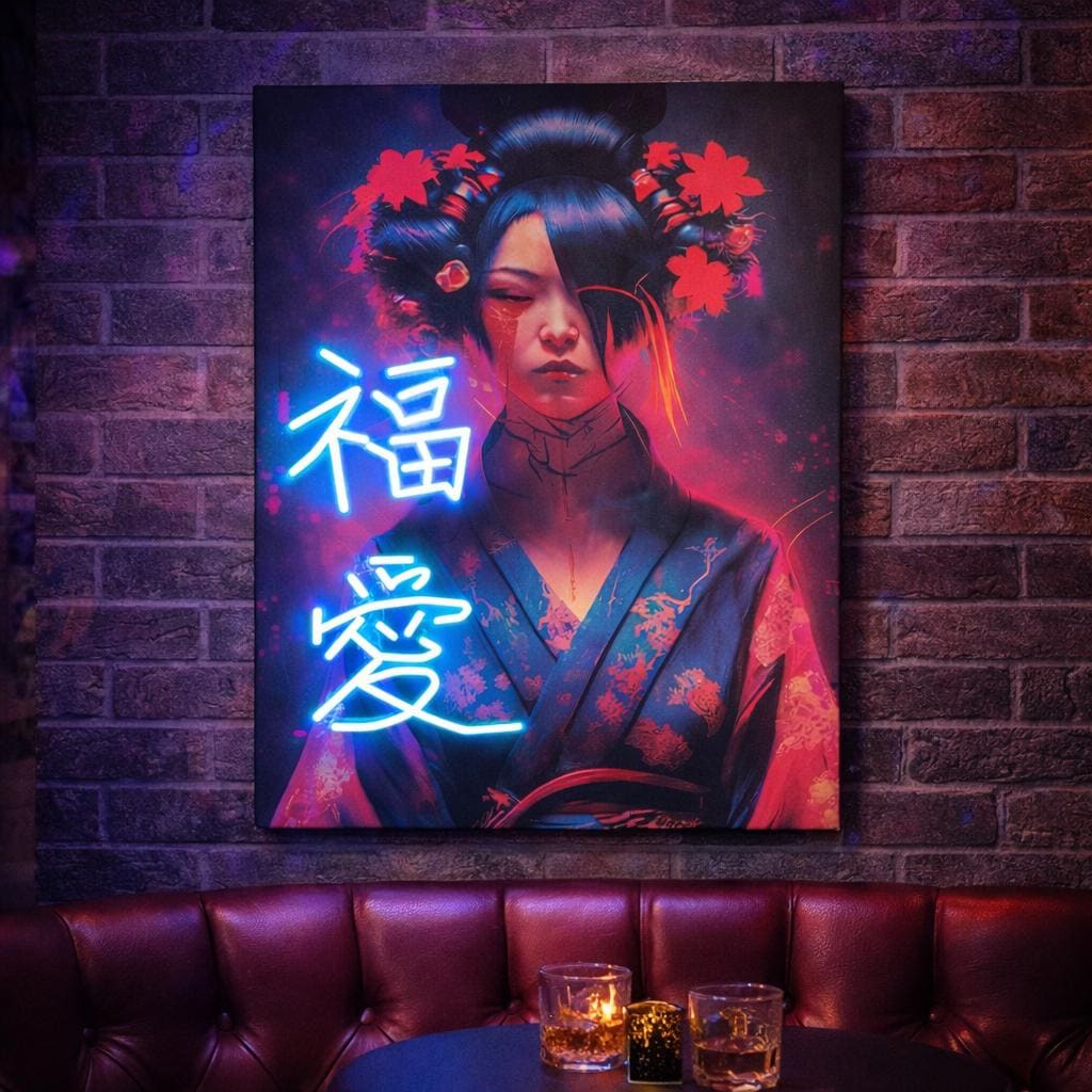 Japanese Geisha Neon Art Wall Decor | Premium LED Canvas Frame
