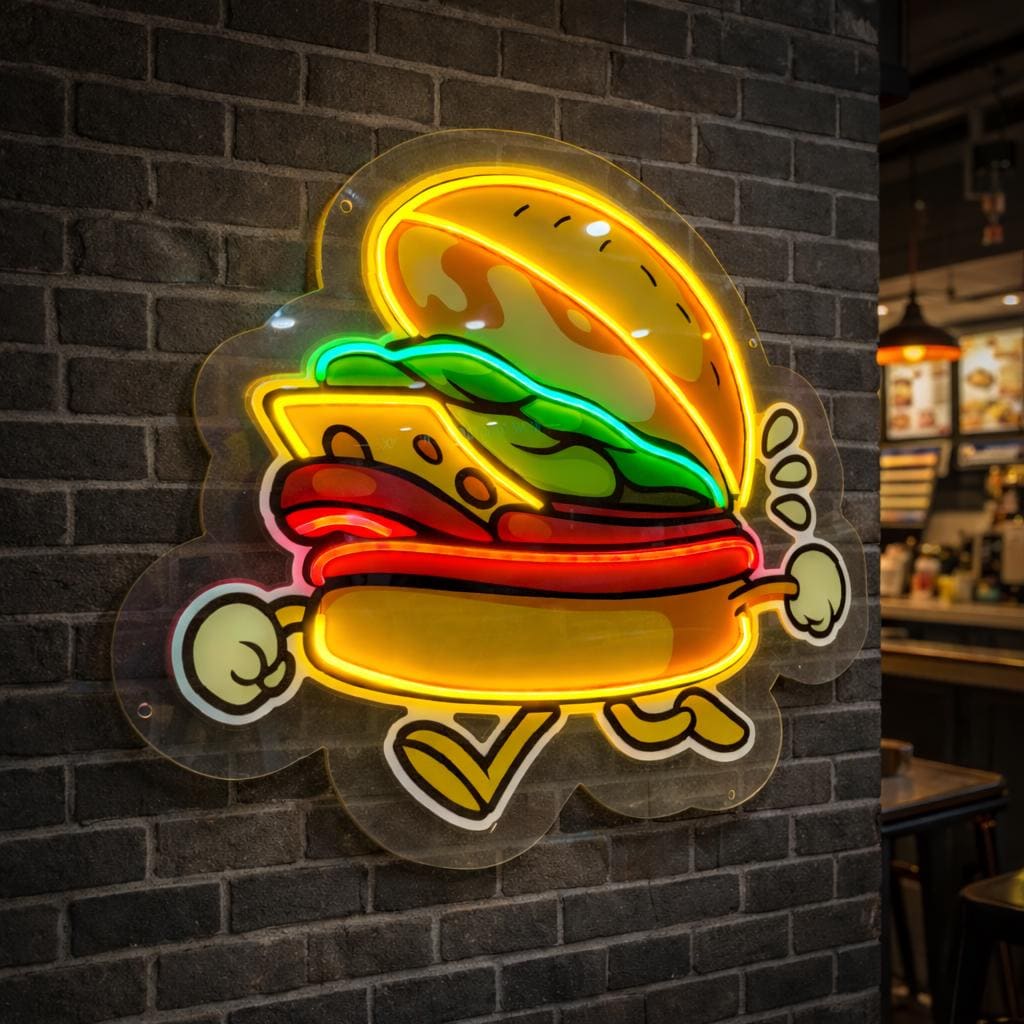 Funny Burger Neon Sign | Fast Food LED Wall Decor | Restaurant & Café Neon Light