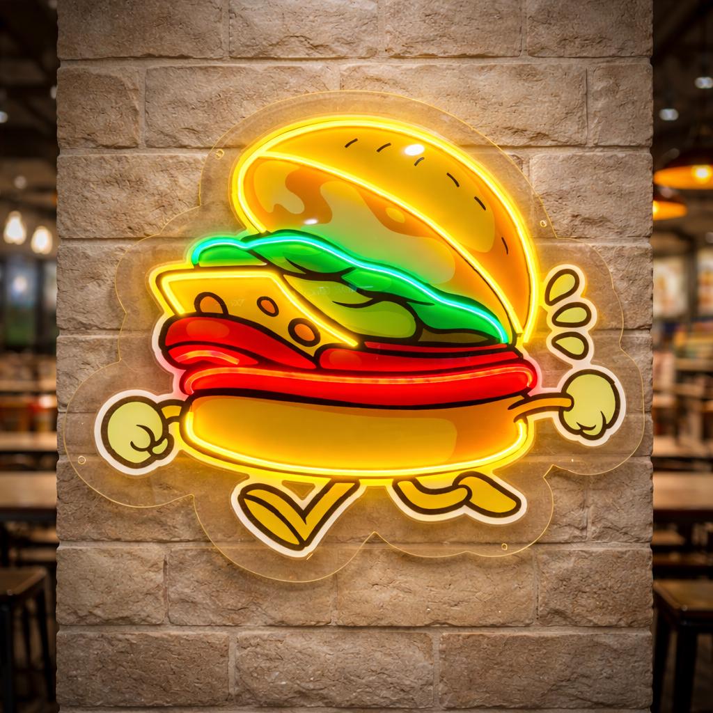 Funny Burger Neon Sign | Fast Food LED Wall Decor | Restaurant & Café Neon Light