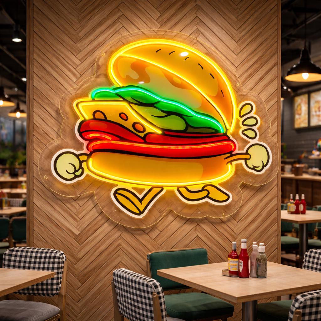 Funny Burger Neon Sign | Fast Food LED Wall Decor | Restaurant & Café Neon Light