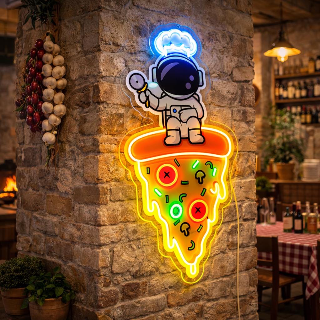 Astronaut Pizza Neon Sign | Space-Themed LED Wall Decor | Fun Pizza Neon Light