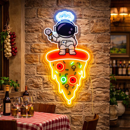 Astronaut Pizza Neon Sign | Space-Themed LED Wall Decor | Fun Pizza Neon Light