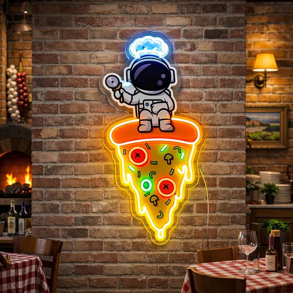 Astronaut Pizza Neon Sign | Space-Themed LED Wall Decor | Fun Pizza Neon Light