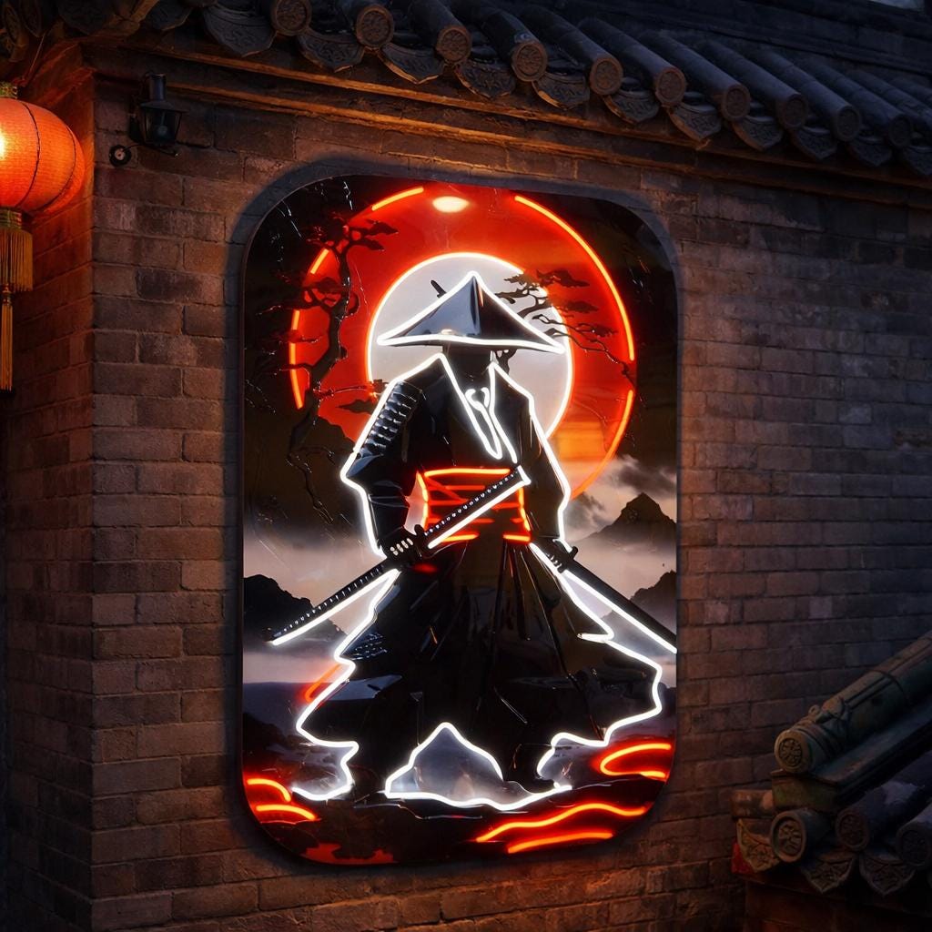 Samurai Neon Art Wall Decor | Japanese Warrior LED Canvas Frame | Premium Wall Art