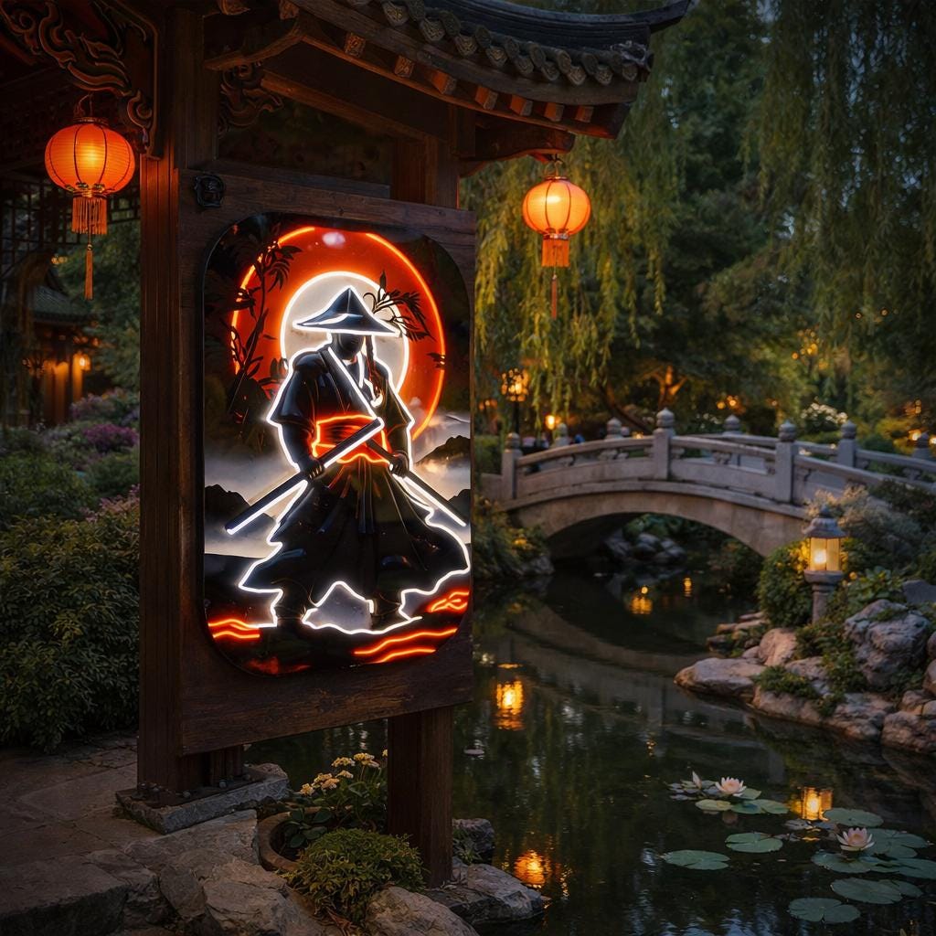 Samurai Neon Art Wall Decor | Japanese Warrior LED Canvas Frame | Premium Wall Art