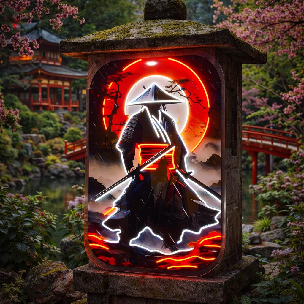 Samurai Neon Art Wall Decor | Japanese Warrior LED Canvas Frame | Premium Wall Art