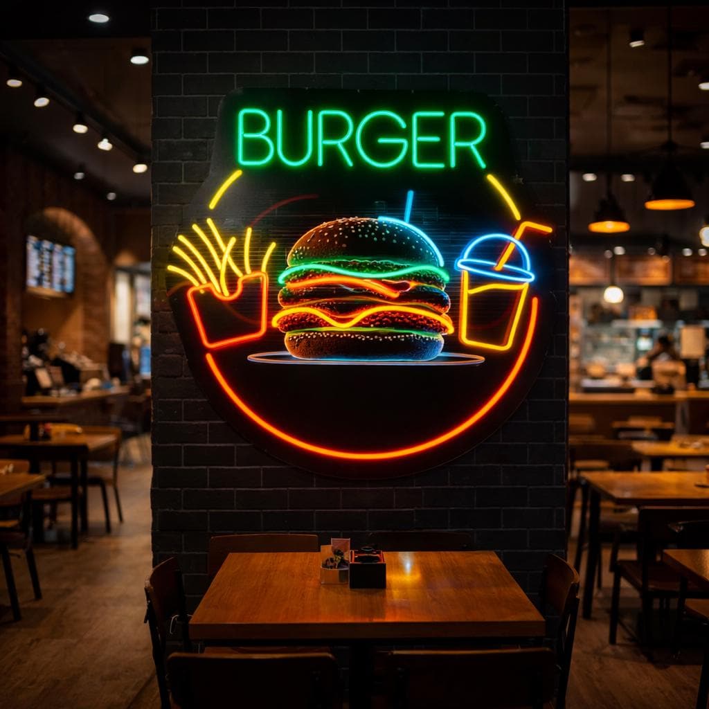 Burger Neon Sign | Fast Food LED Wall Decor | Restaurant Neon Light