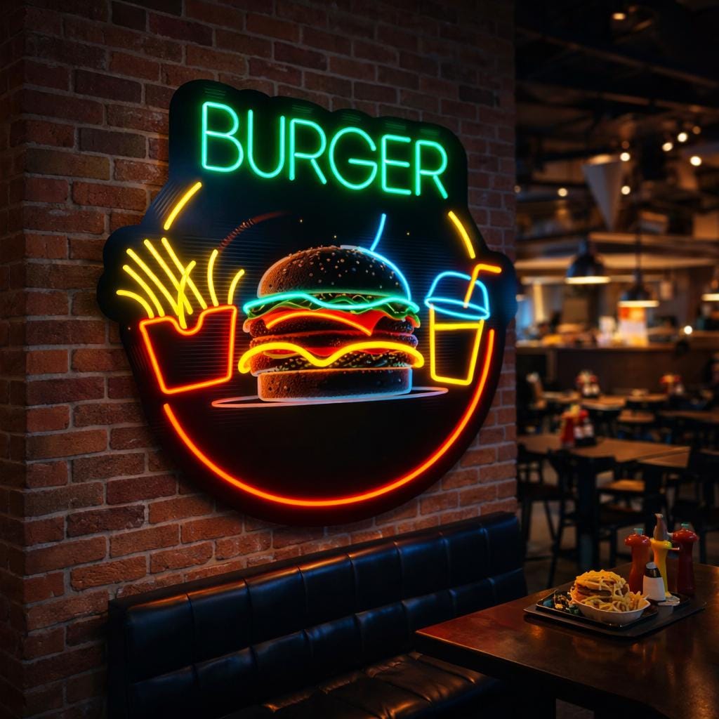 Burger Neon Sign | Fast Food LED Wall Decor | Restaurant Neon Light