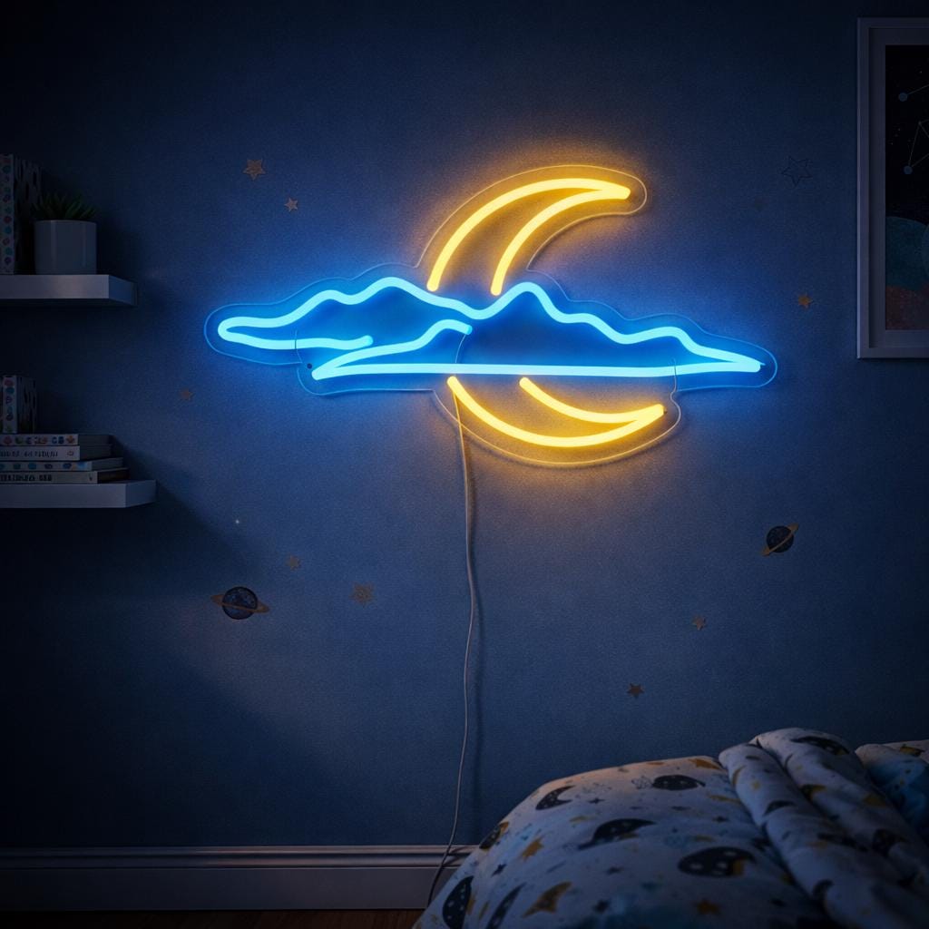 Moon & Cloud Neon Sign | Celestial LED Wall Decor | Modern Neon Light