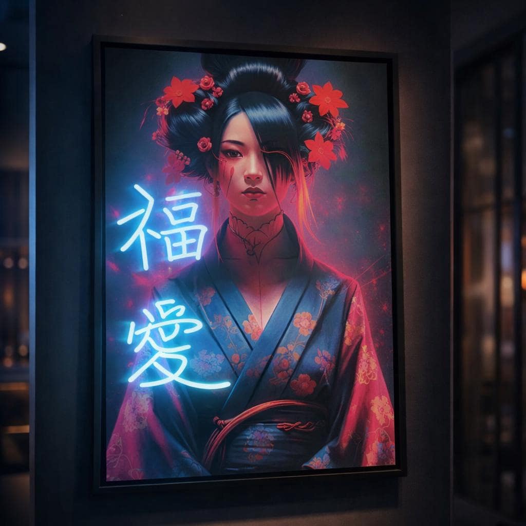 Japanese Geisha Neon Art Wall Decor | Premium LED Canvas Frame