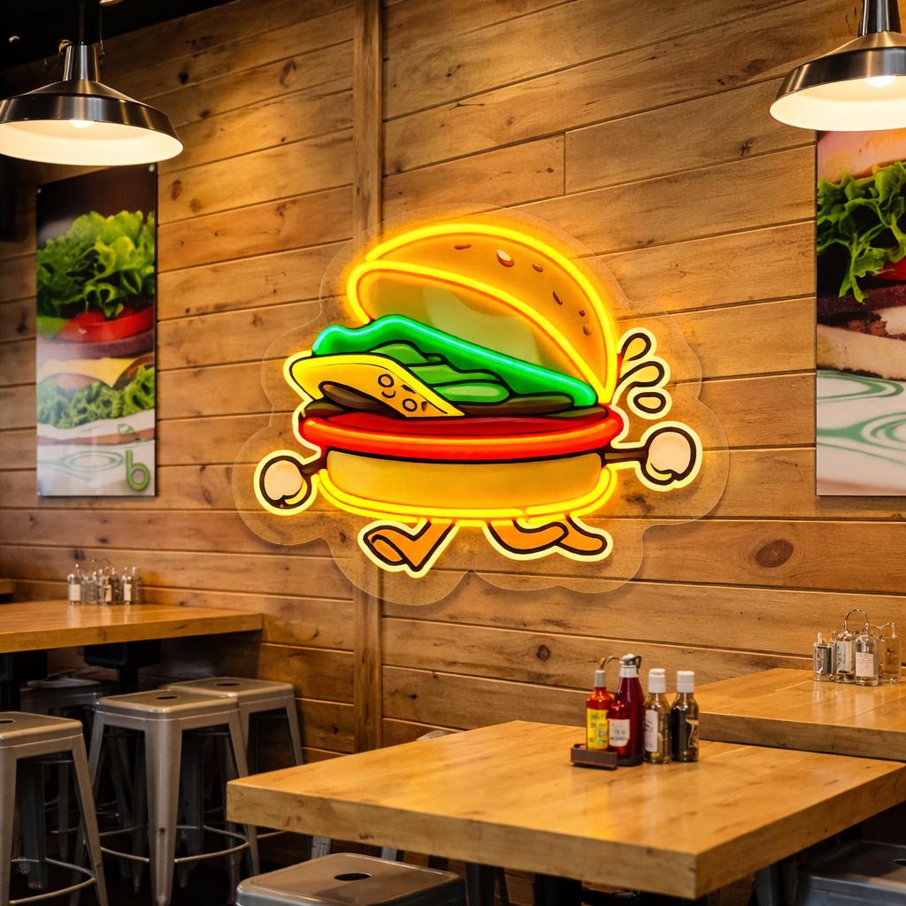 Funny Burger Neon Sign | Fast Food LED Wall Decor | Restaurant & Café Neon Light