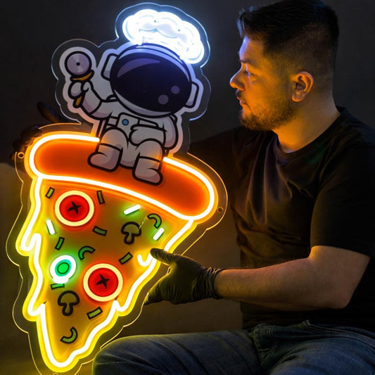 Astronaut Pizza Neon Sign | Space-Themed LED Wall Decor | Fun Pizza Neon Light
