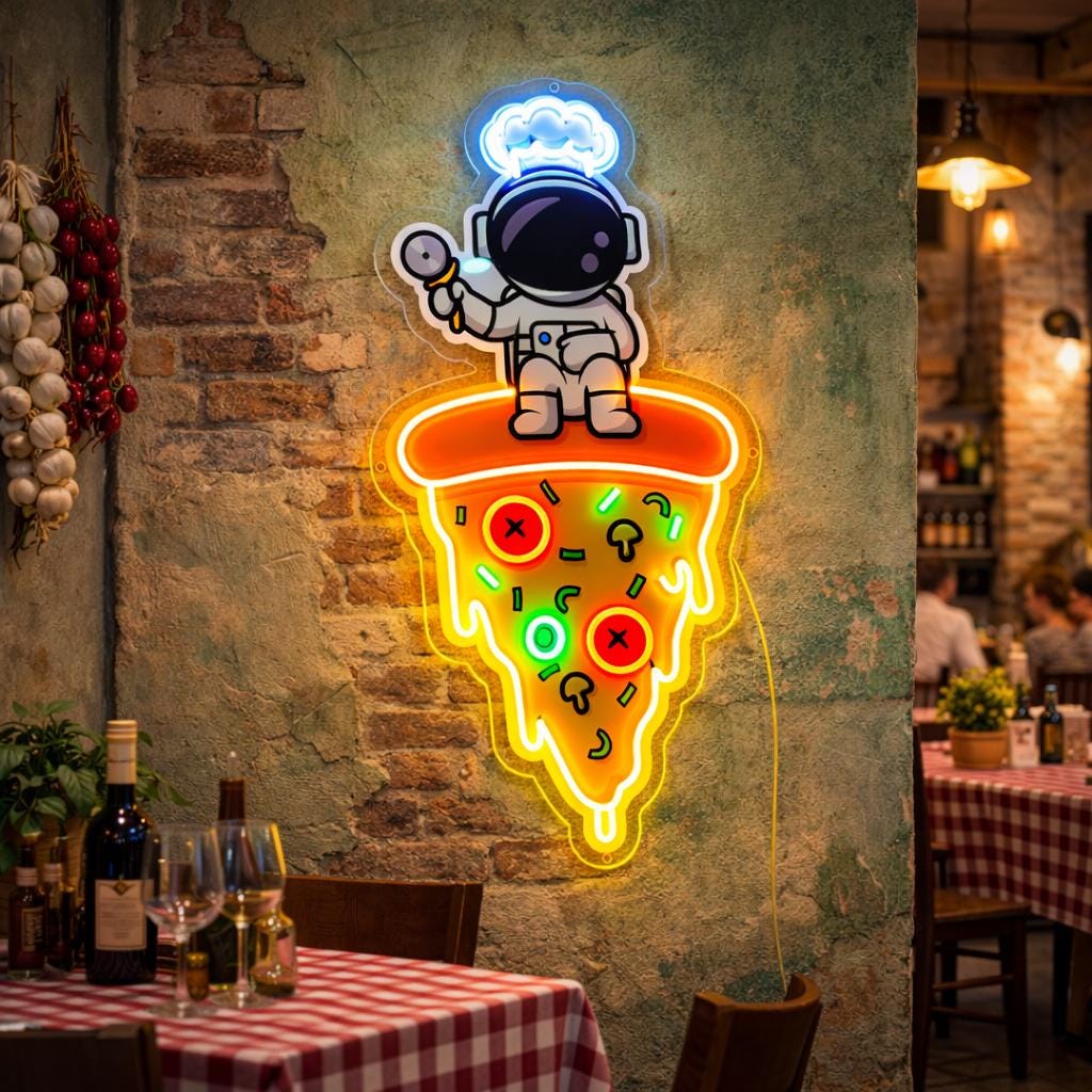 Astronaut Pizza Neon Sign | Space-Themed LED Wall Decor | Fun Pizza Neon Light