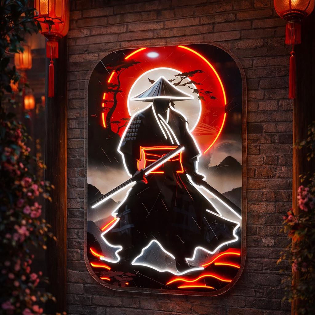 Samurai Neon Art Wall Decor | Japanese Warrior LED Canvas Frame | Premium Wall Art