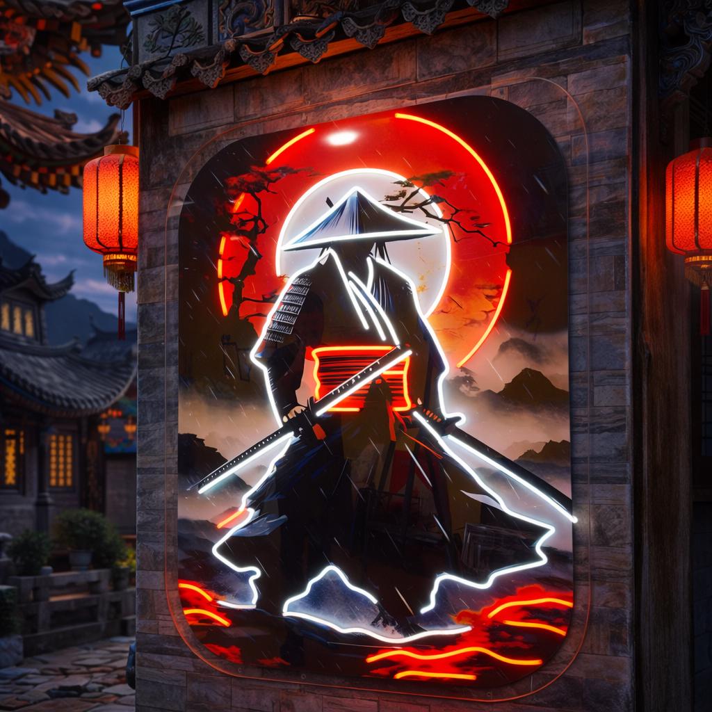 Samurai Neon Art Wall Decor | Japanese Warrior LED Canvas Frame | Premium Wall Art