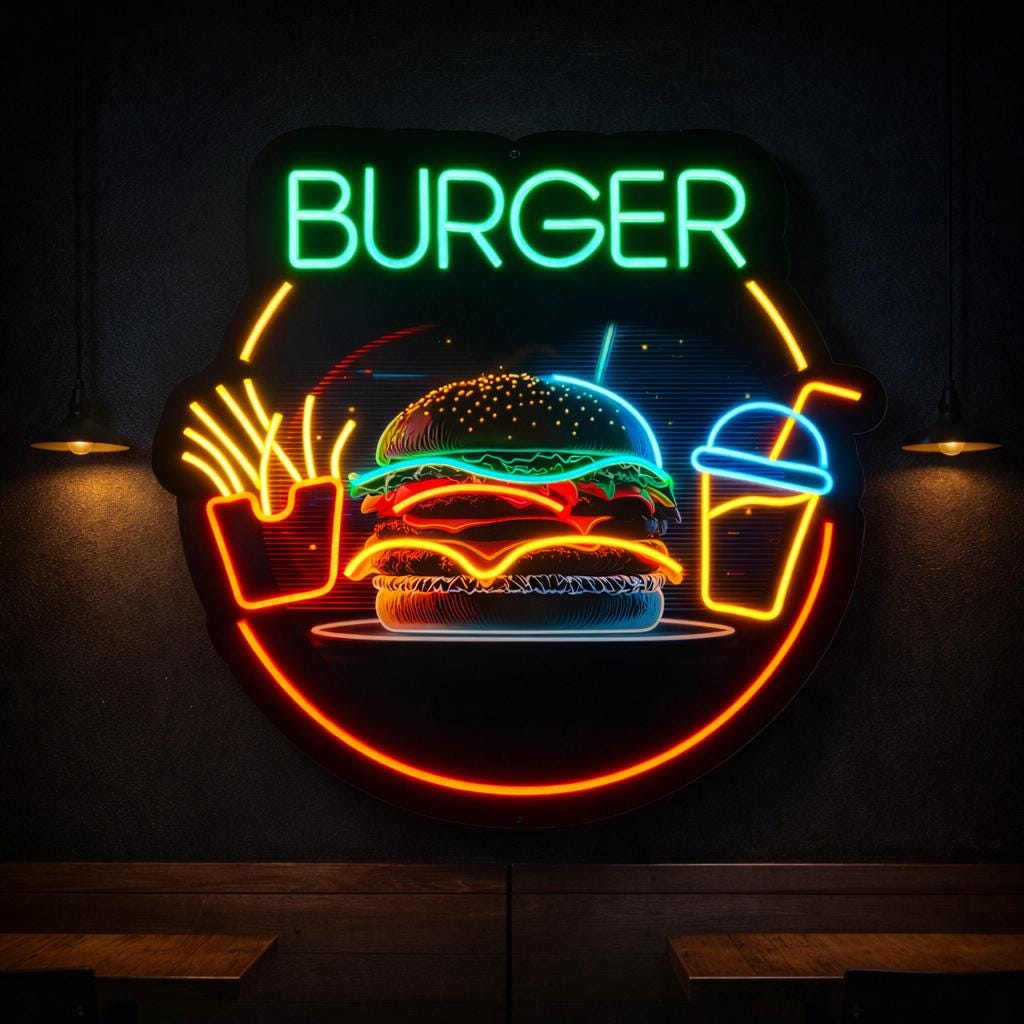 Burger Neon Sign | Fast Food LED Wall Decor | Restaurant Neon Light