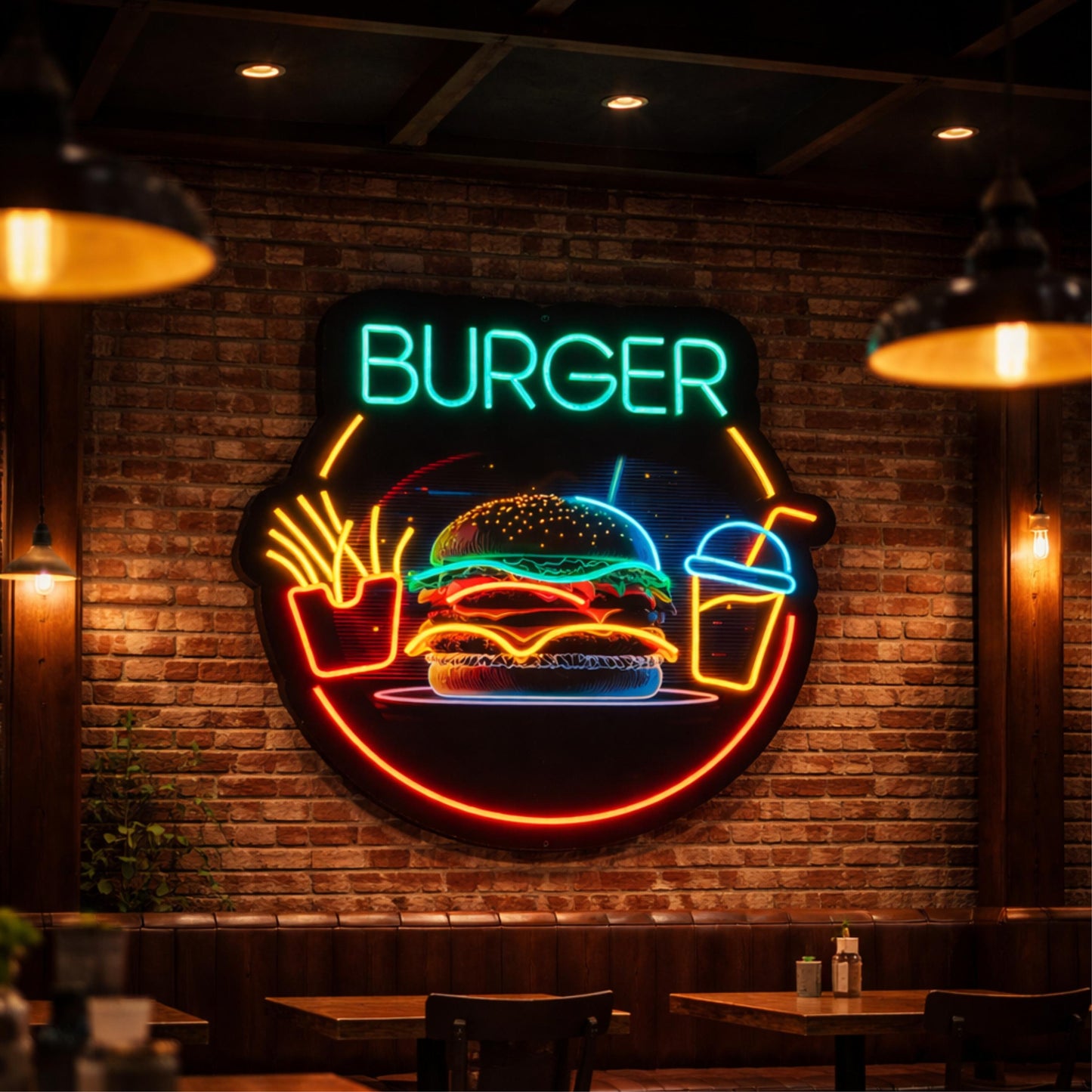 Burger Neon Sign | Fast Food LED Wall Decor | Restaurant Neon Light