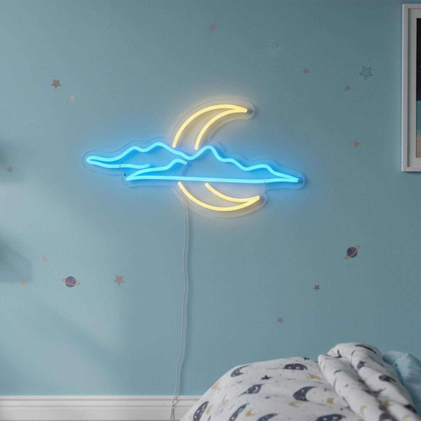 Moon & Cloud Neon Sign | Celestial LED Wall Decor | Modern Neon Light