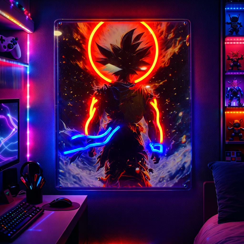 Anime Neon LED Sign, Fire Aura Character, Gamer Room Decor