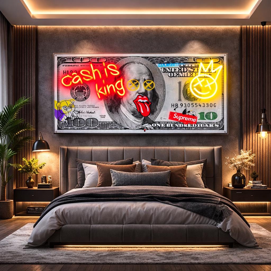 Cash Is King Neon Art Wall Decor | Dollar Bill LED Canvas Frame | Street Art Wall Art