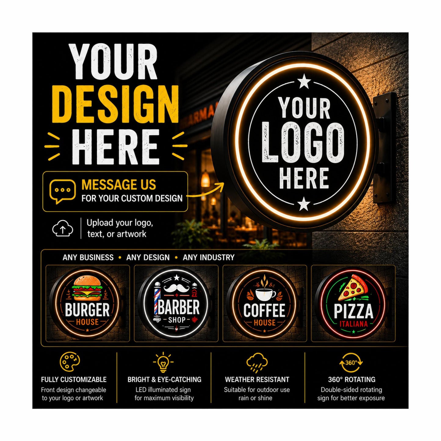 Custom Rotating Round Lightbox Sign – Personalized Shawarma Logo Sign – Your Own Design & Business Logo