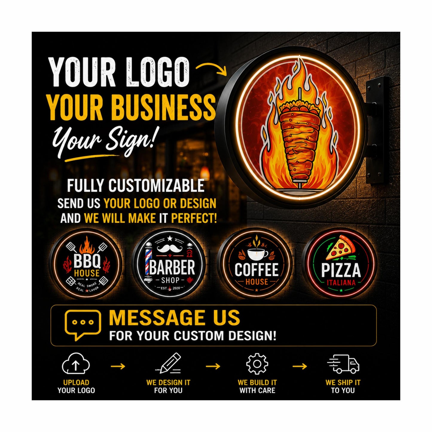 Custom Rotating Round Lightbox Sign – Personalized Shawarma Logo Sign – Your Own Design & Business Logo