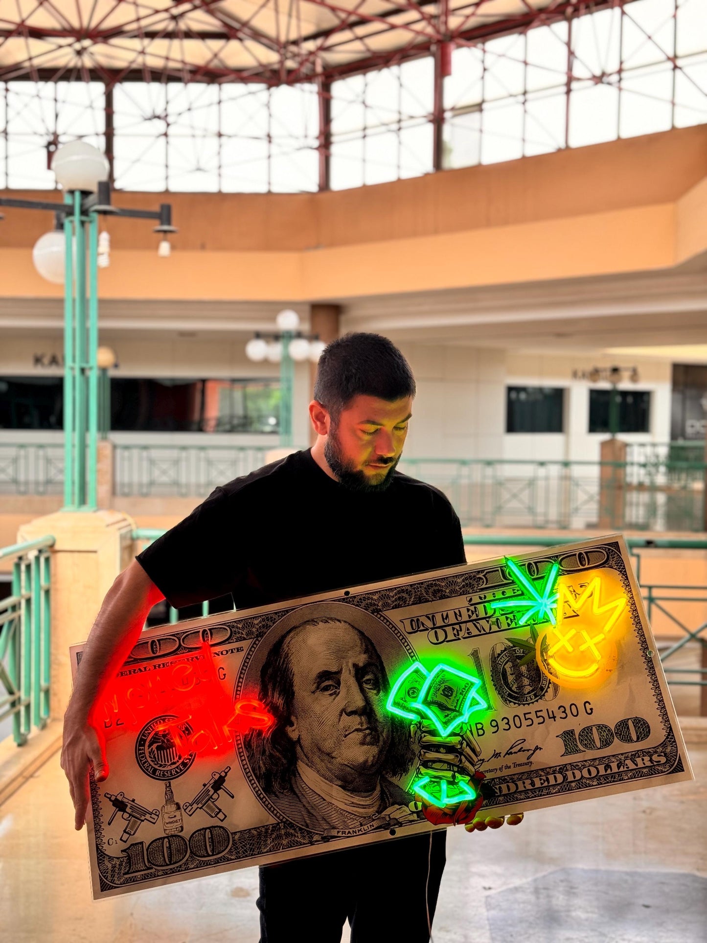 Cash Is King Neon Art Wall Decor | Dollar Bill LED Canvas Frame | Street Art Wall Art