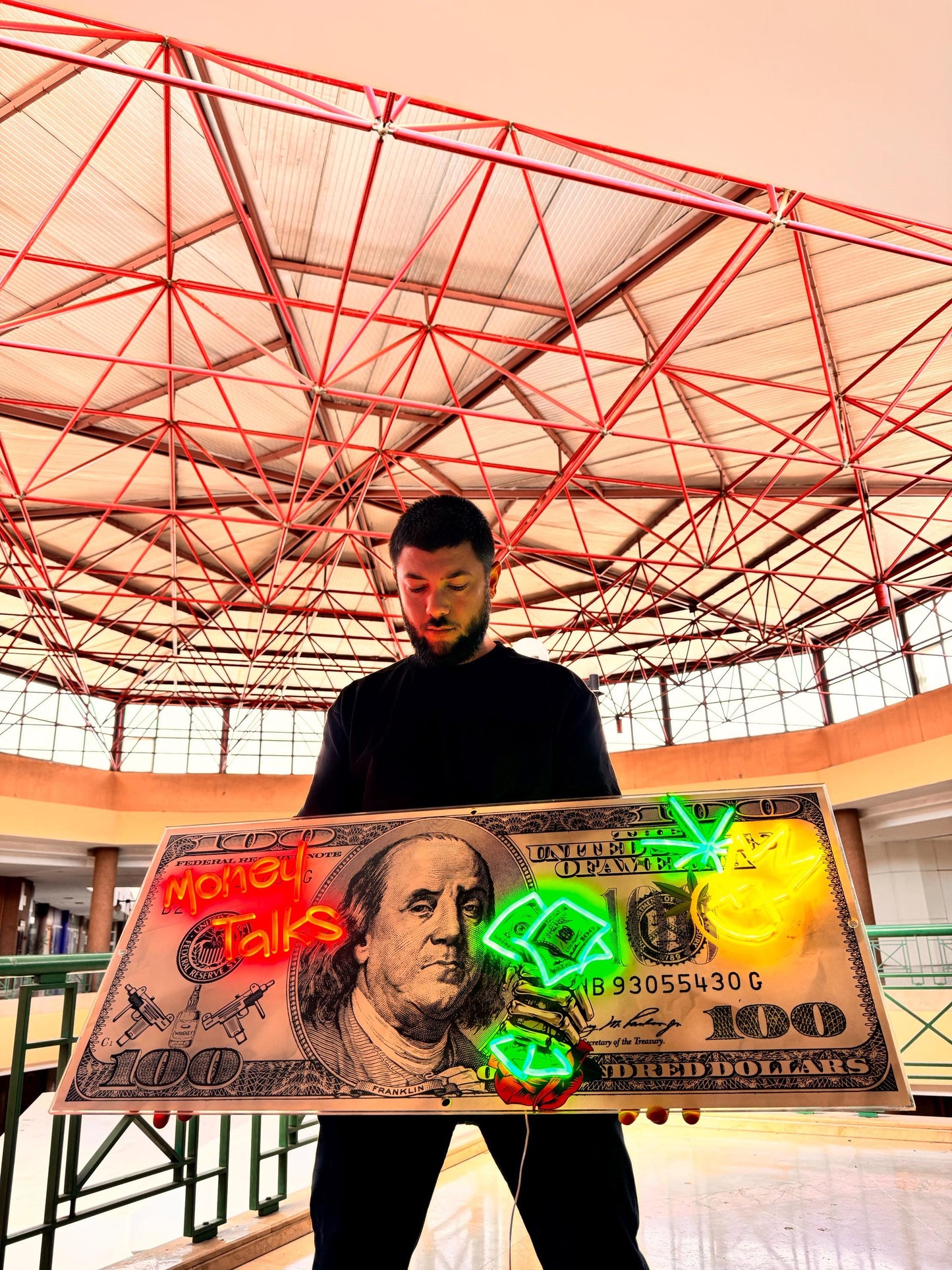 Cash Is King Neon Art Wall Decor | Dollar Bill LED Canvas Frame | Street Art Wall Art