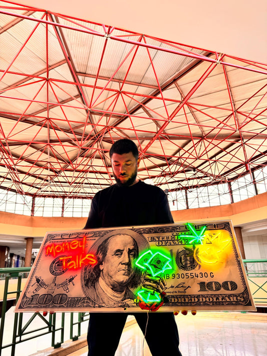 Cash Is King Neon Art Wall Decor | Dollar Bill LED Canvas Frame | Street Art Wall Art
