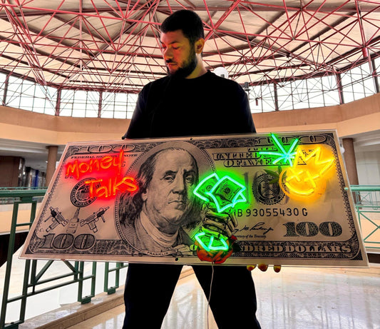 Cash Is King Neon Art Wall Decor | Dollar Bill LED Canvas Frame | Street Art Wall Art