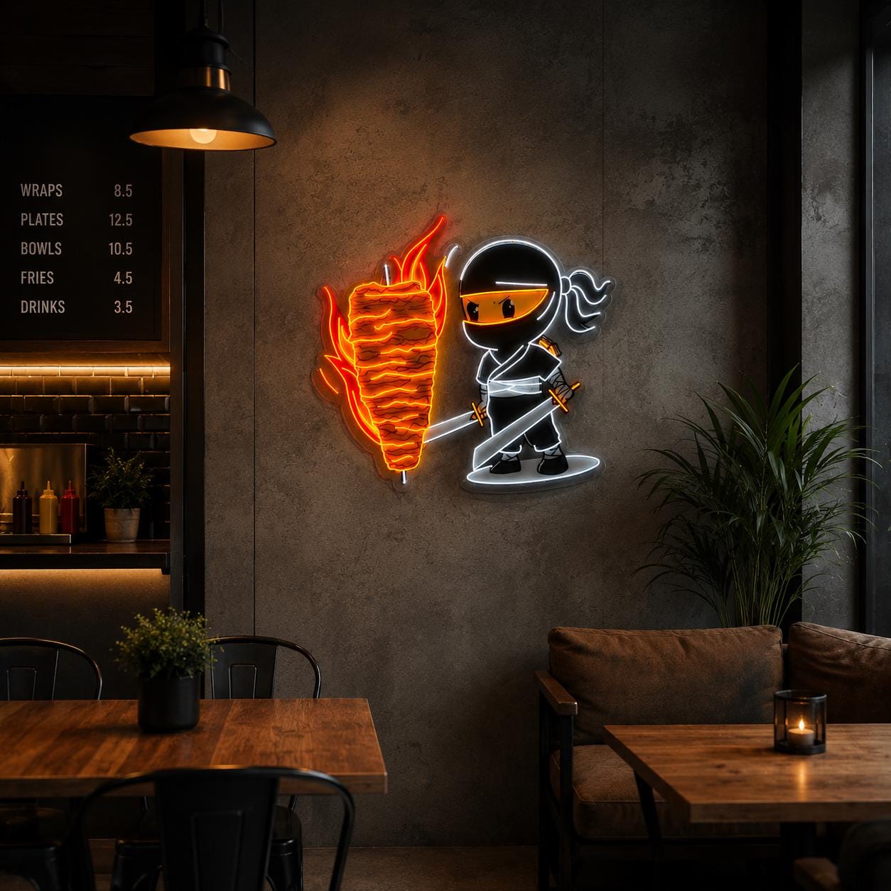Custom Neon Ninja Doner Sign, Kebab Shop LED Wall Art, Shawarma Restaurant Neon Light, Fast Food Decor, Handmade Business Sign