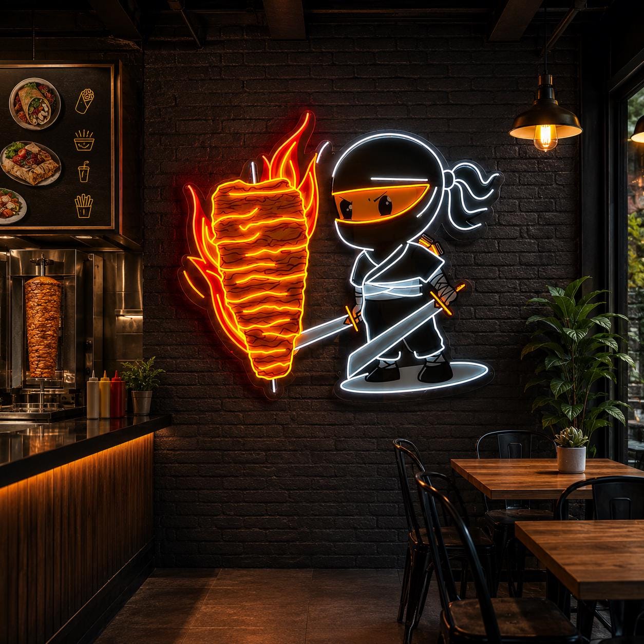 Custom Neon Ninja Doner Sign, Kebab Shop LED Wall Art, Shawarma Restaurant Neon Light, Fast Food Decor, Handmade Business Sign