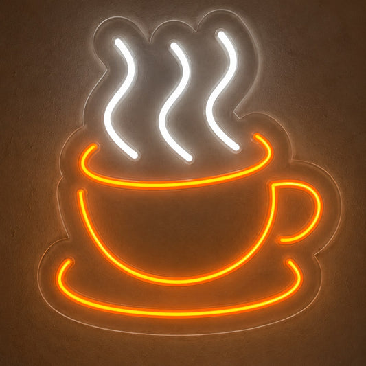 Buharı tüten kahve fincanı figürlü turuncu neon LED tabela, kafe duvarında